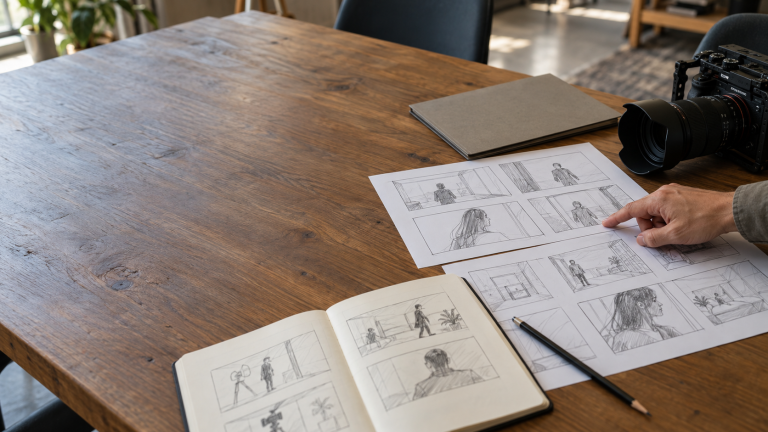 Mesa de planificacion audiovisual con storyboard 2 768x432